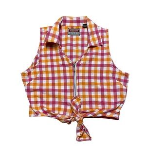 Vintage Andrew Sport Sleeveless Blouse Women L Pink Gingham Zip Up Tank Top 90’s